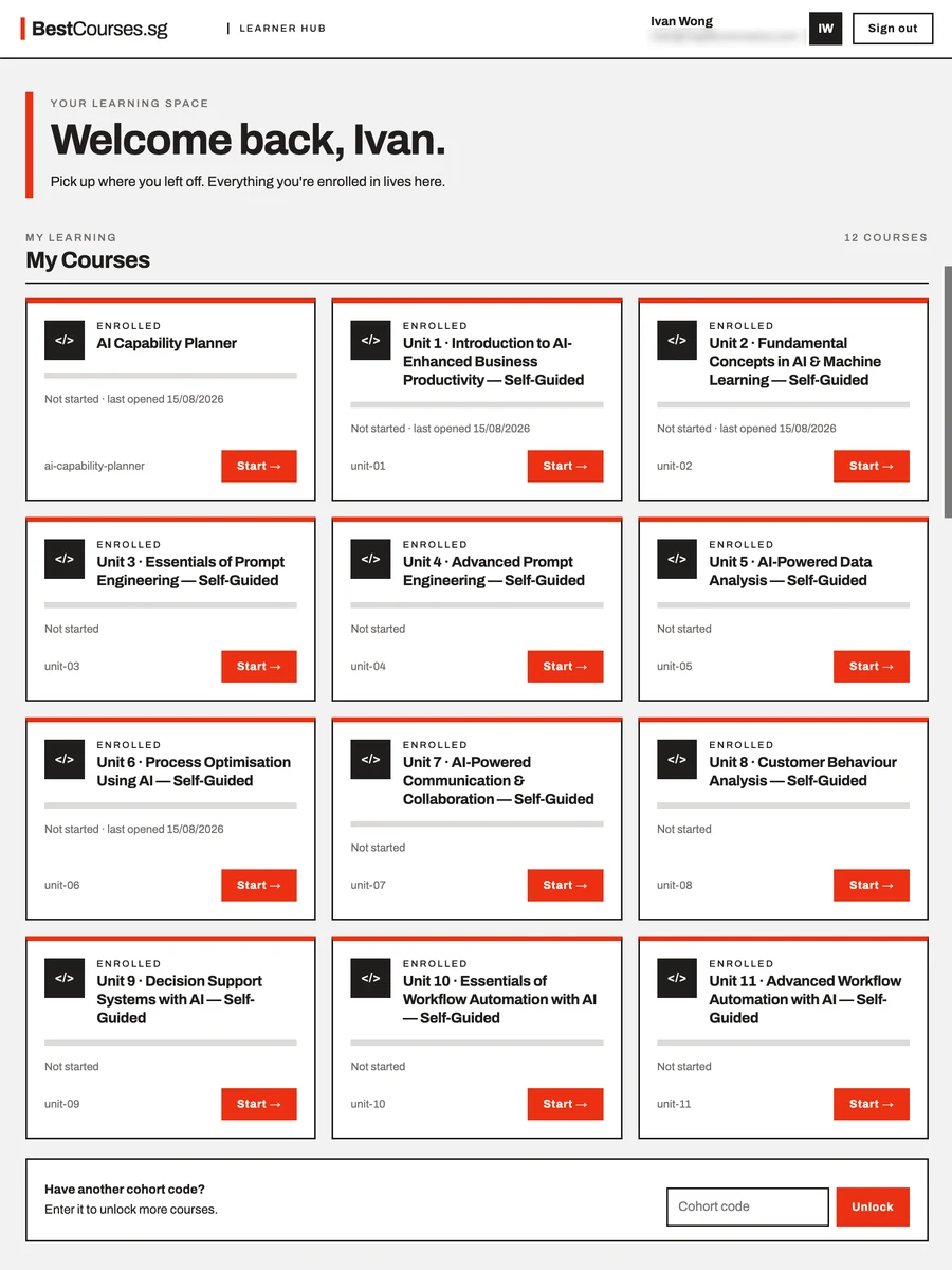 BestCourses.sg learner hub dashboard listing enrolled AI courses