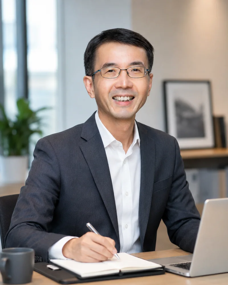 Ivan Wong at his desk, working with a notebook and laptop